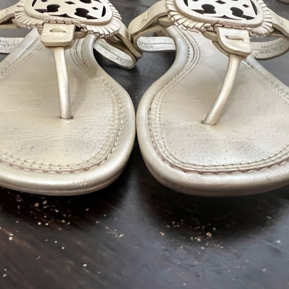 Tory Burch Miller Fringe Flat Leather Logo Sandals Gold